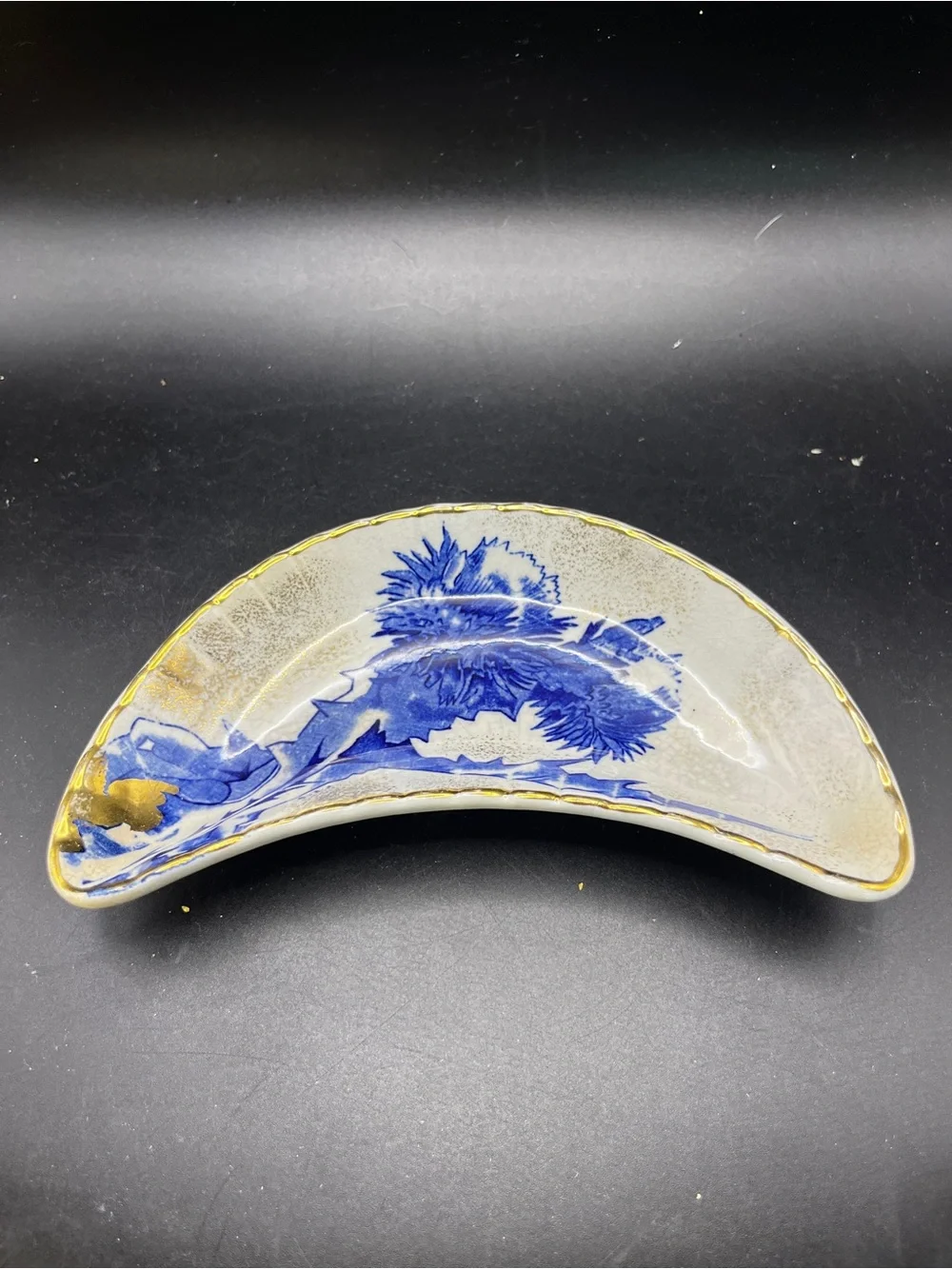 Antique Burroughs & Mountford Flow Blue Crescent Bone Dish Gold Trim Edge 1890s